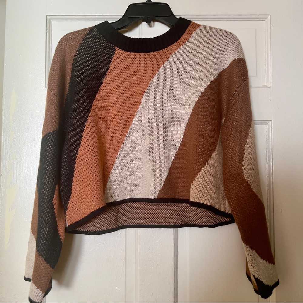 Lush Swirl Cropped Color Block Brown Multi Women's Sweater Size XS